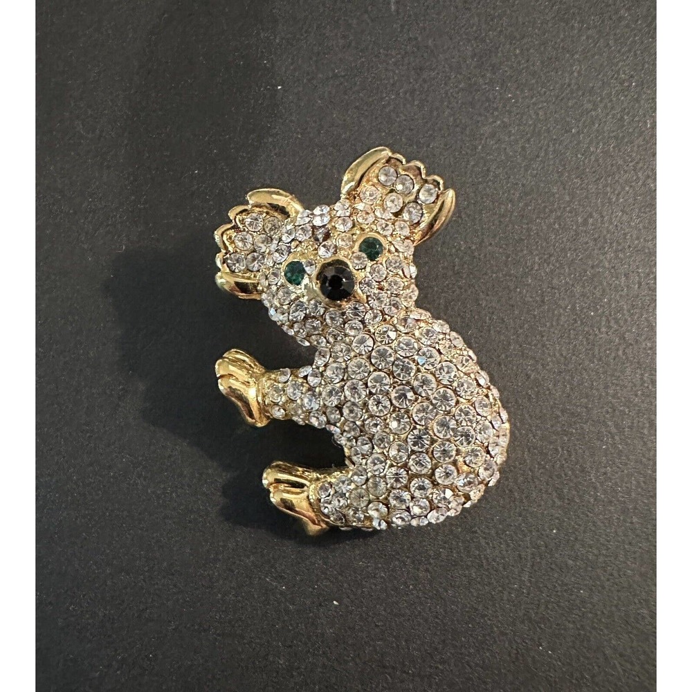 Koala Bear Brooch Figural Pin Gold Tone Rhinestones Green Eyes Black Nose